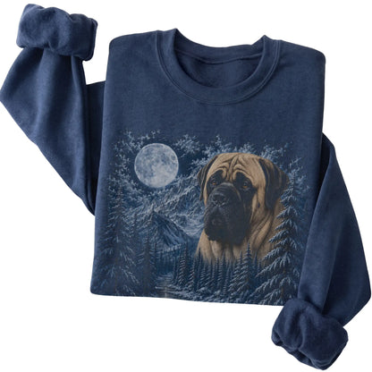 Folded navy sweatshirt with Mastiff Winter Moon artwork.