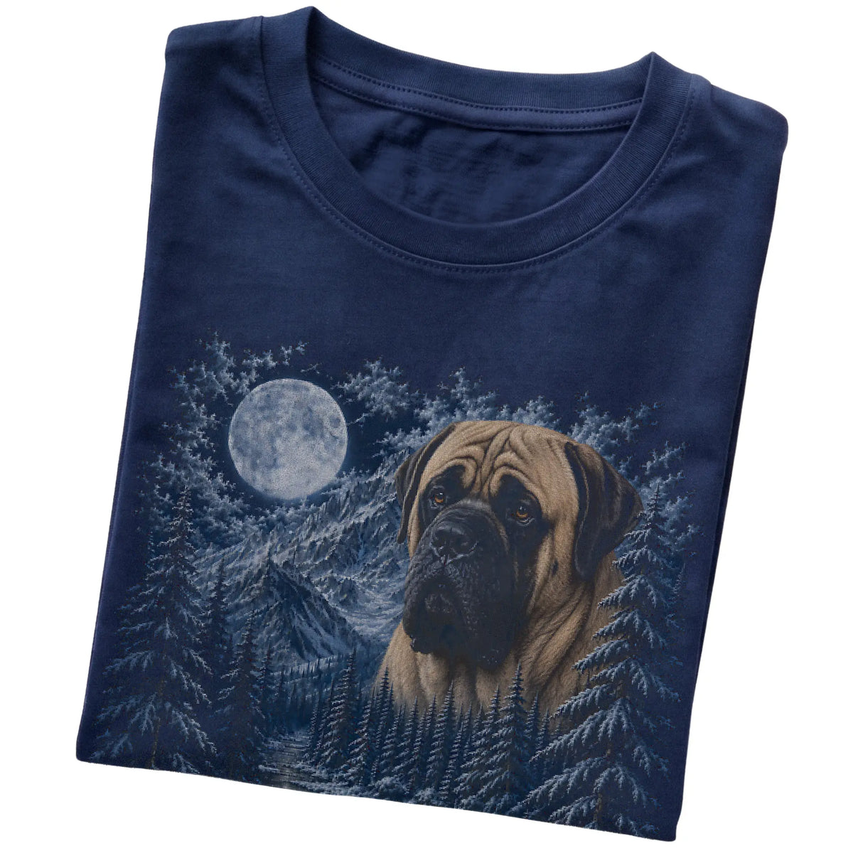 Folded navy T-shirt with Mastiff Winter Moon artwork.