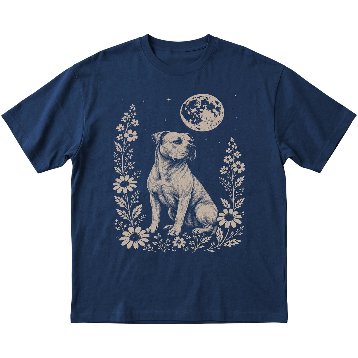 Navy Moon Flowers American Bulldog T-shirt, flat view