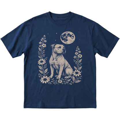 Navy Moon Flowers American Bulldog T-shirt, flat view