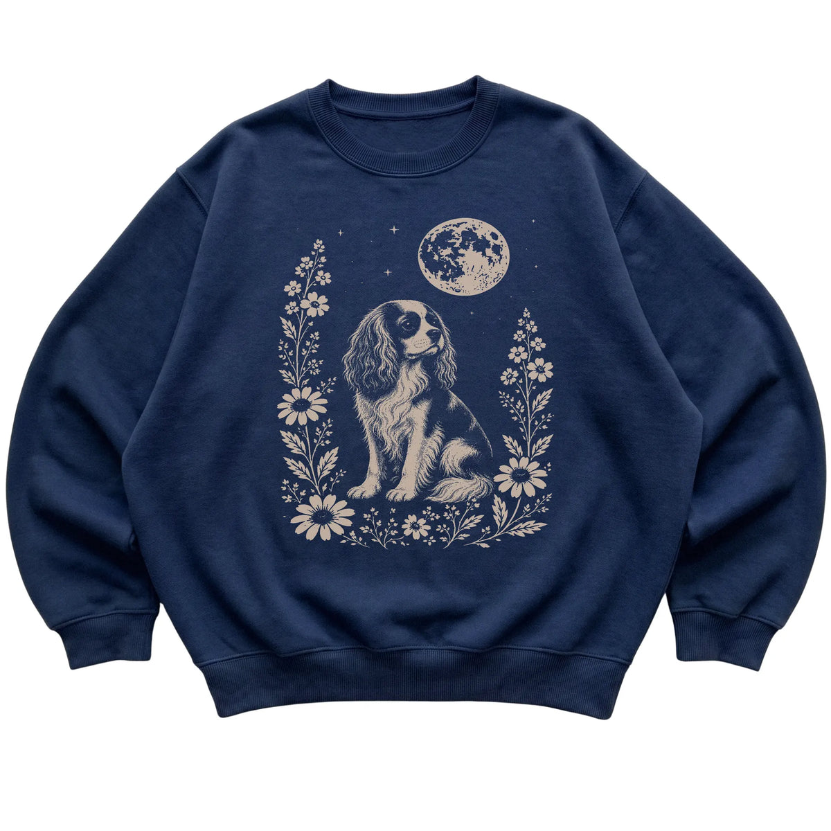Navy Moon Flowers Cavalier King Charles Spaniel sweatshirt, flat view