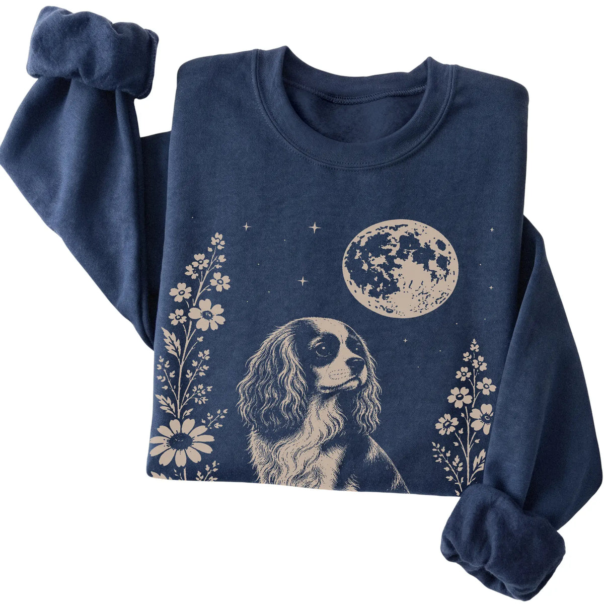 Navy Moon Flowers Cavalier King Charles Spaniel sweatshirt, folded view
