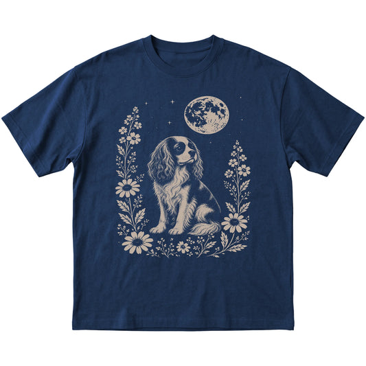 Navy Moon Flowers Cavalier King Charles Spaniel T-shirt, flat view