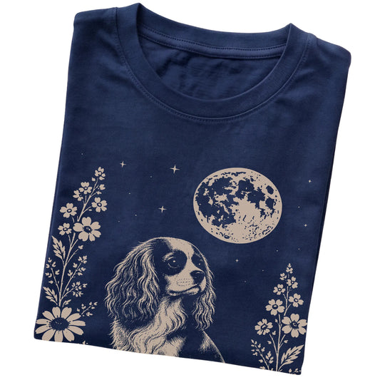 Navy Moon Flowers Cavalier King Charles Spaniel T-shirt, folded view