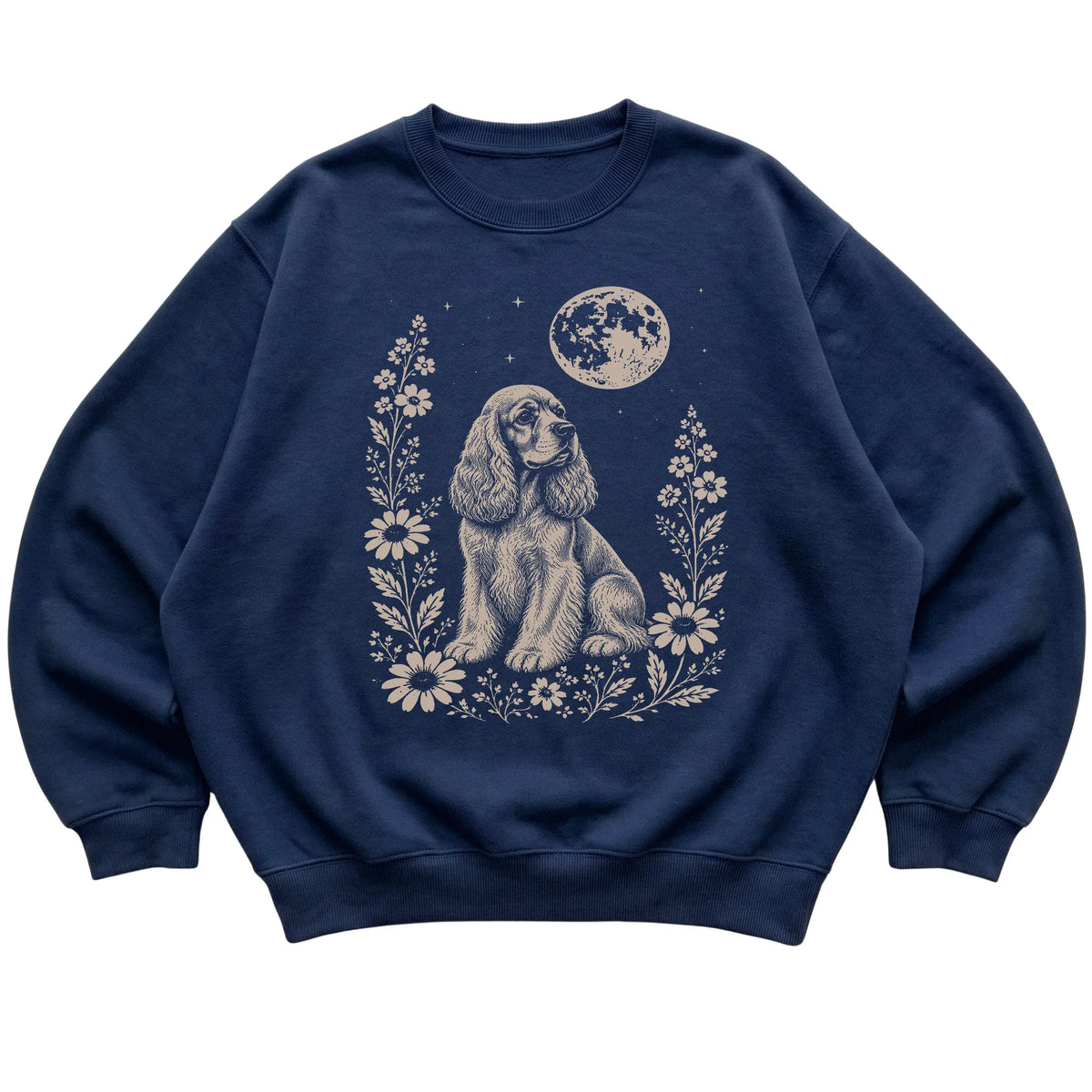 Navy Moon Flowers Cocker Spaniel sweatshirt, flat view