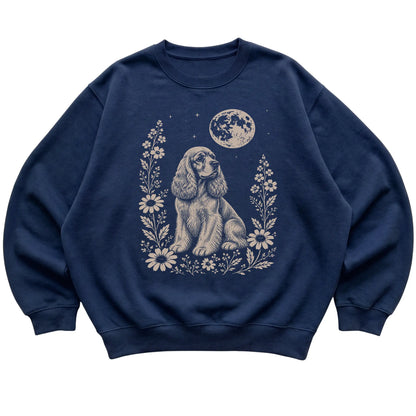 Navy Moon Flowers Cocker Spaniel sweatshirt, flat view