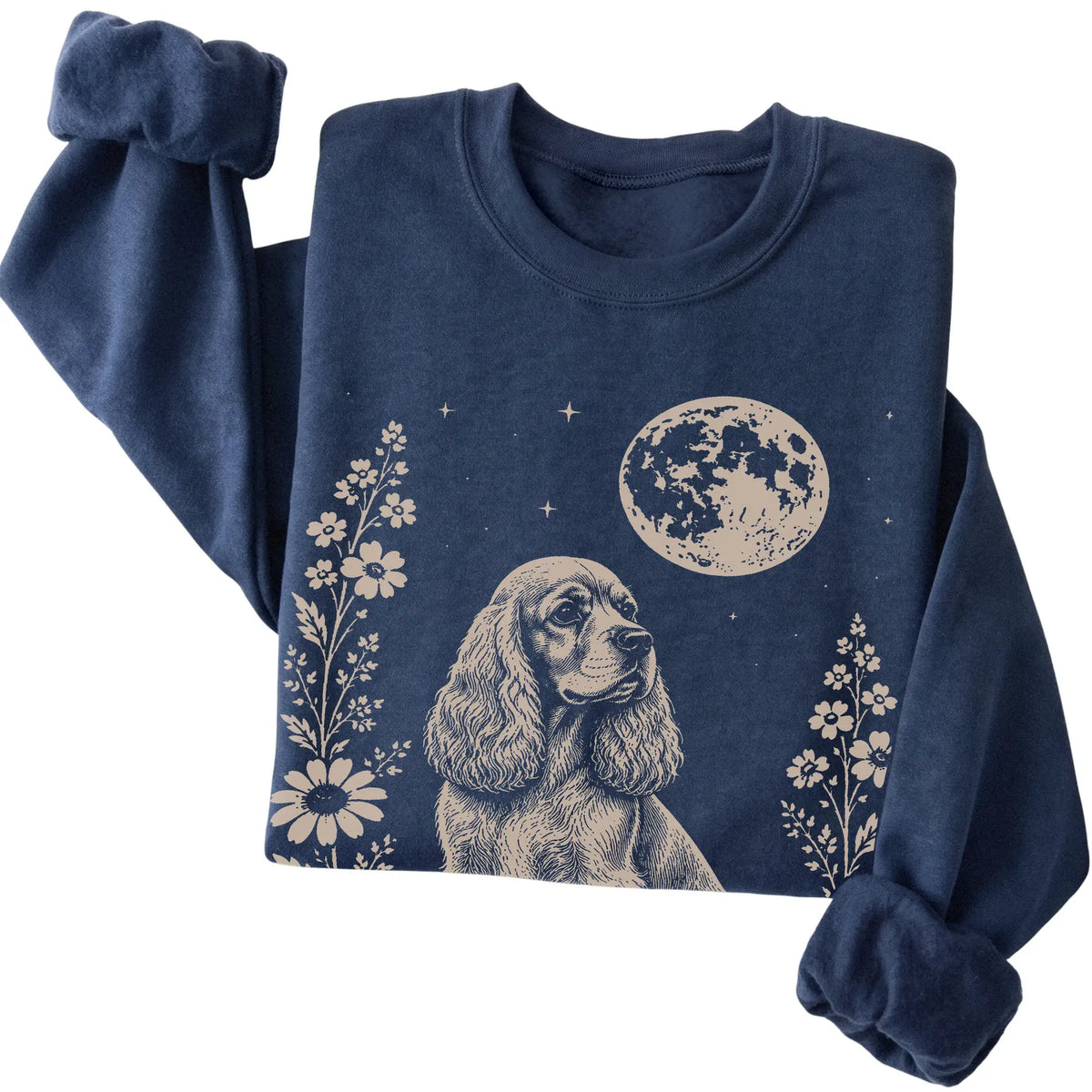 Navy Moon Flowers Cocker Spaniel sweatshirt, folded view