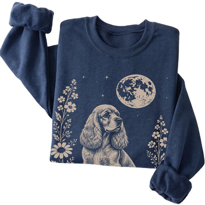 Navy Moon Flowers Cocker Spaniel sweatshirt, folded view