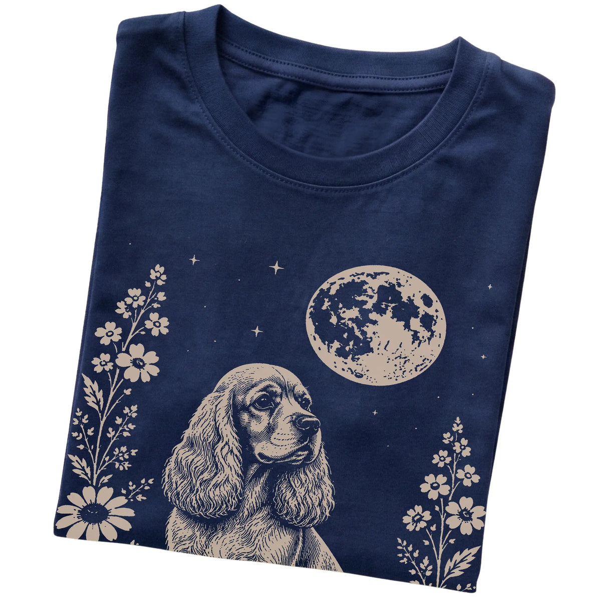 Navy Moon Flowers Cocker Spaniel T-shirt, folded view