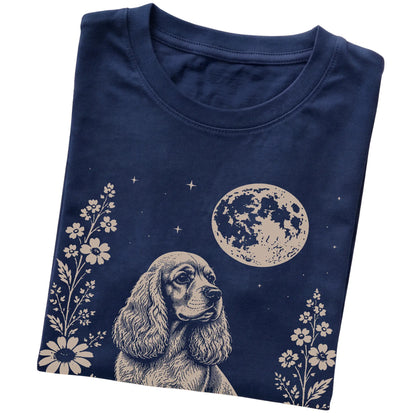 Navy Moon Flowers Cocker Spaniel T-shirt, folded view