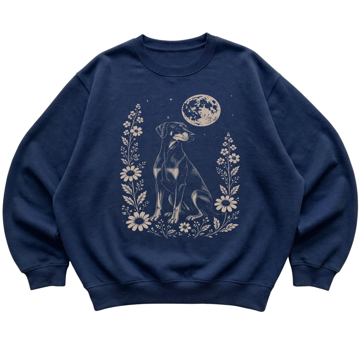 Navy Moon Flowers Doberman sweatshirt, flat view