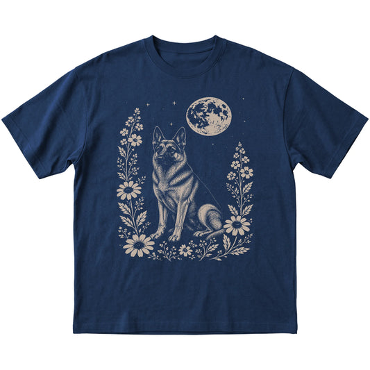Navy Moon Flowers German Shepherd T-shirt, flat view