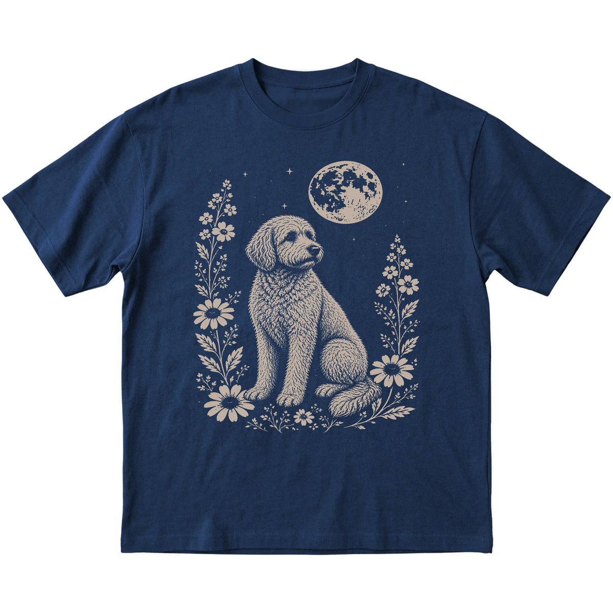 Navy Moon Flowers Goldendoodle T-shirt, flat view