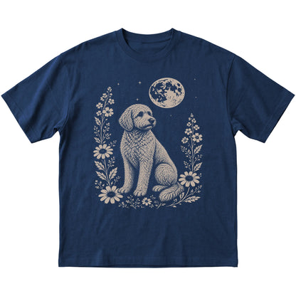 Navy Moon Flowers Goldendoodle T-shirt, flat view