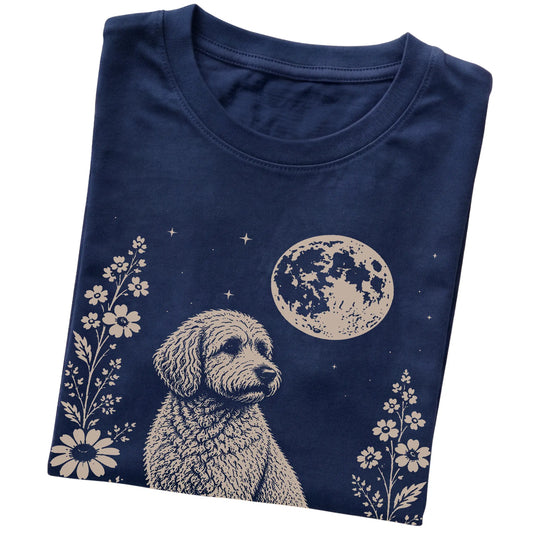 Navy Moon Flowers Goldendoodle T-shirt, folded view