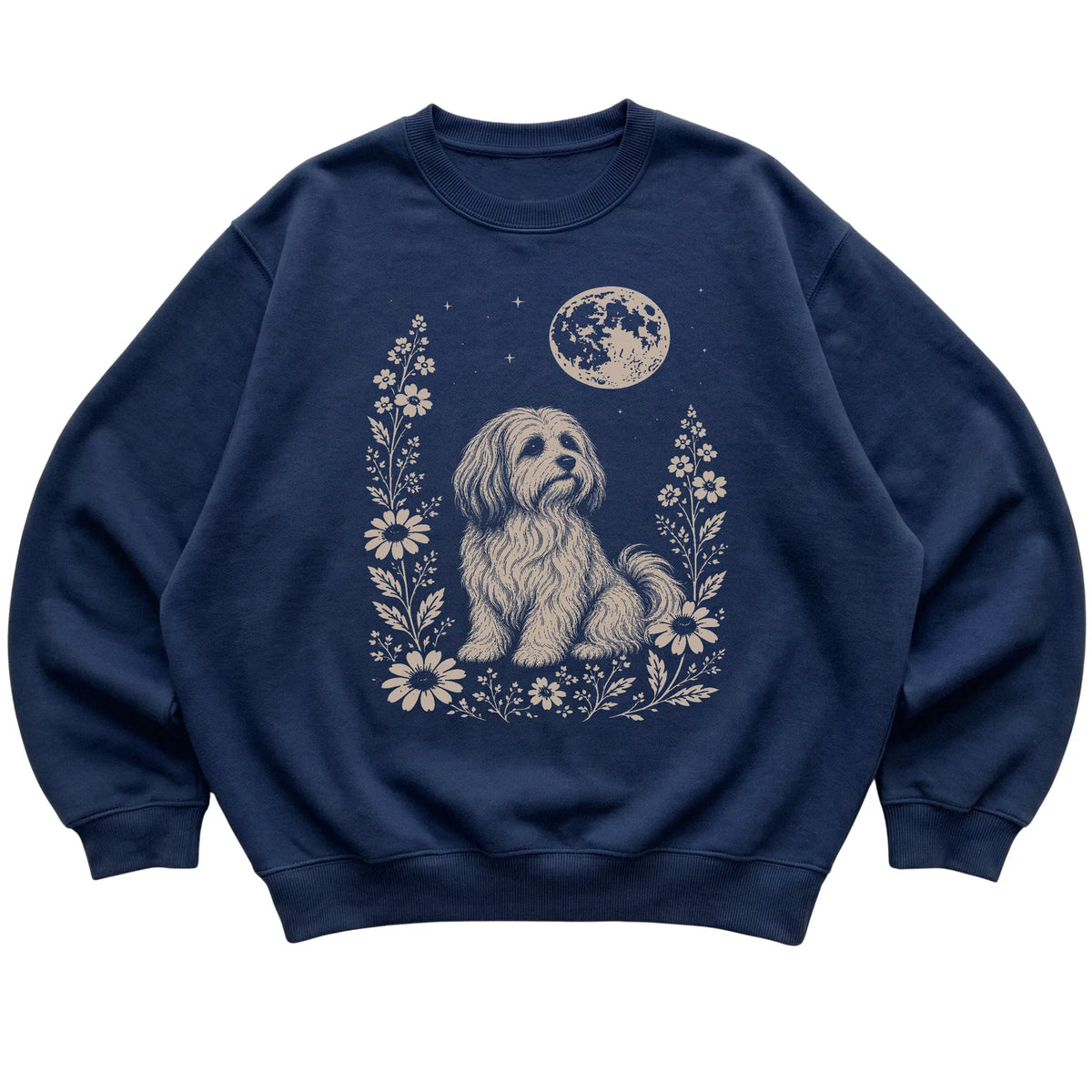 Navy Moon Flowers Havanese sweatshirt, flat view