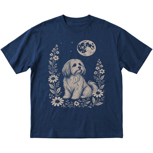 Navy Moon Flowers Havanese T-shirt, flat view