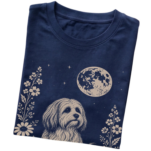 Navy Moon Flowers Havanese T-shirt, folded view