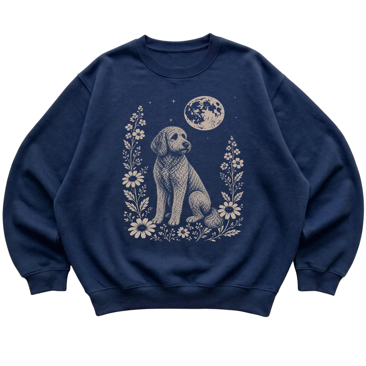 Navy Moon Flowers Labradoodle sweatshirt, flat view