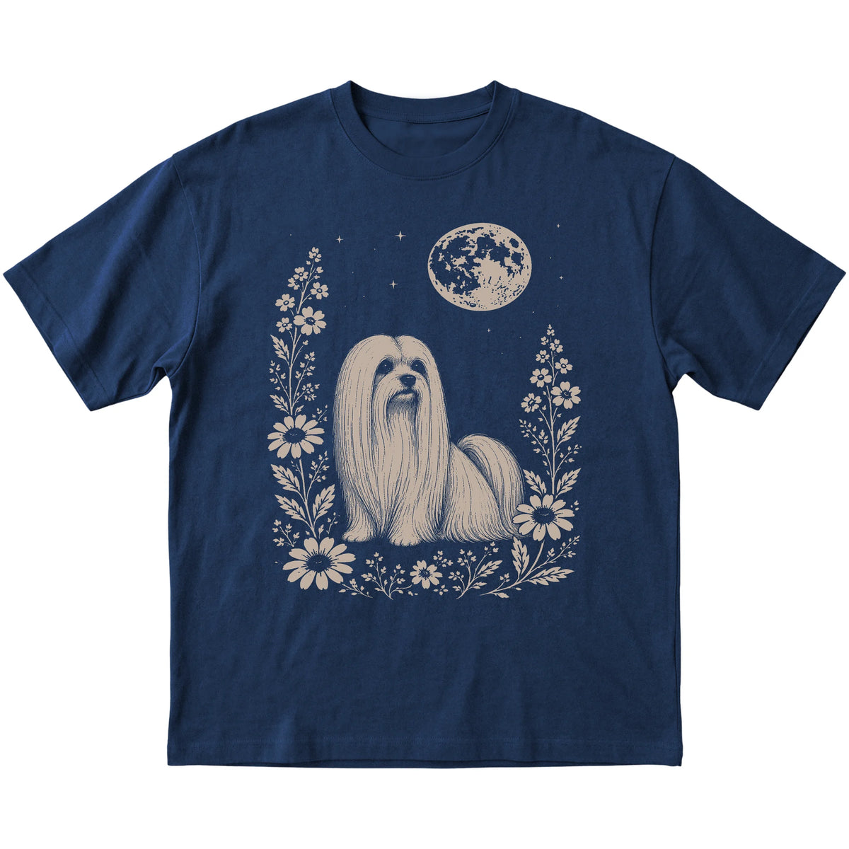 Navy Moon Flowers Maltese T-shirt, flat view