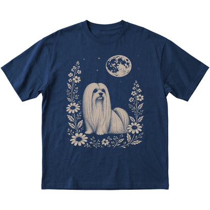 Navy Moon Flowers Maltese T-shirt, flat view