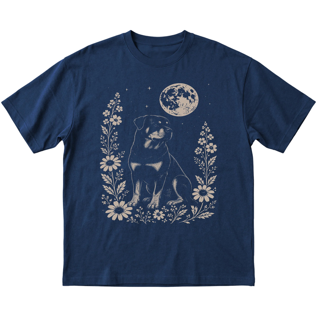 Navy Moon Flowers Rottweiler T-shirt, flat view