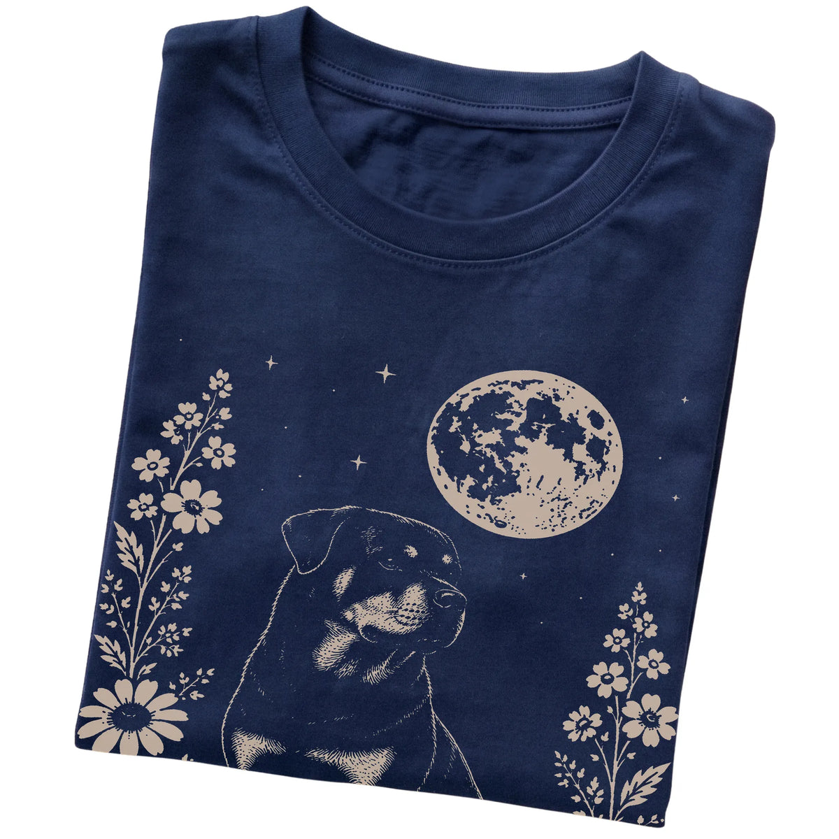 Navy Moon Flowers Rottweiler T-shirt, folded view
