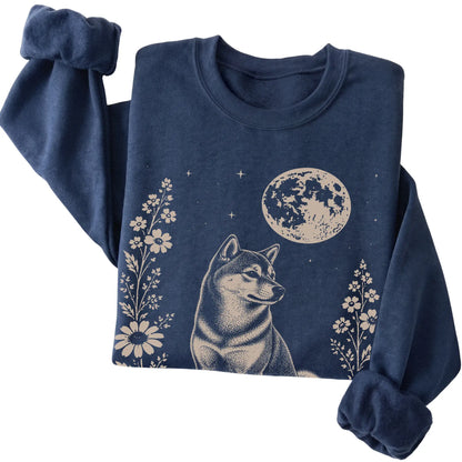 Navy Moon Flowers Shiba Inu sweatshirt, folded view