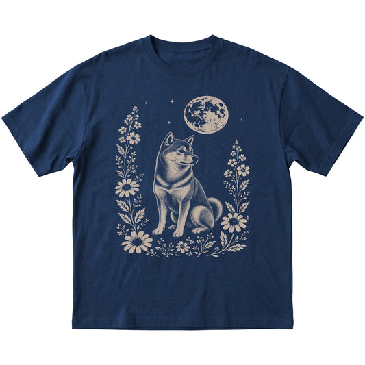 Navy Moon Flowers Shiba Inu T-shirt, flat view