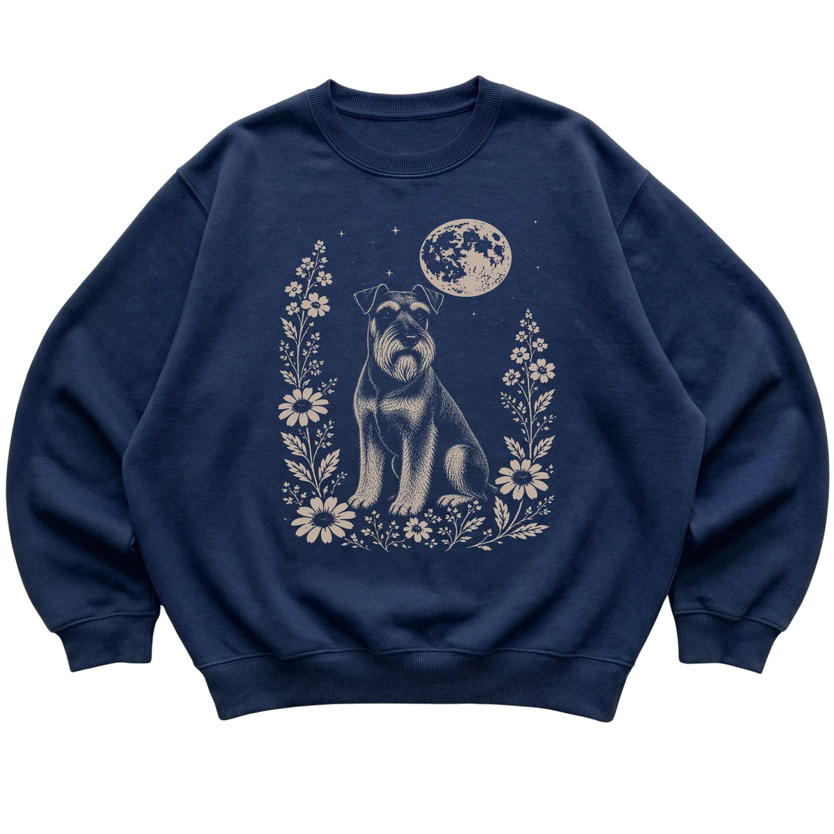 Navy Moon Flowers Standard Schnauzer sweatshirt, flat view
