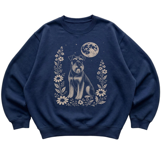 Navy Moon Flowers Standard Schnauzer sweatshirt, flat view