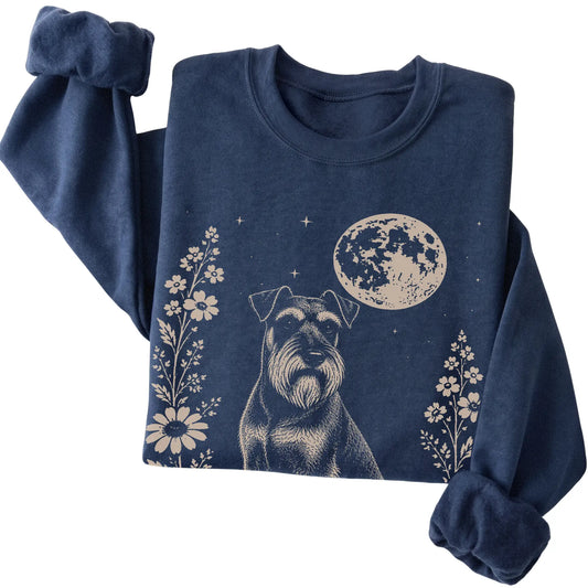 Navy Moon Flowers Standard Schnauzer sweatshirt, folded view
