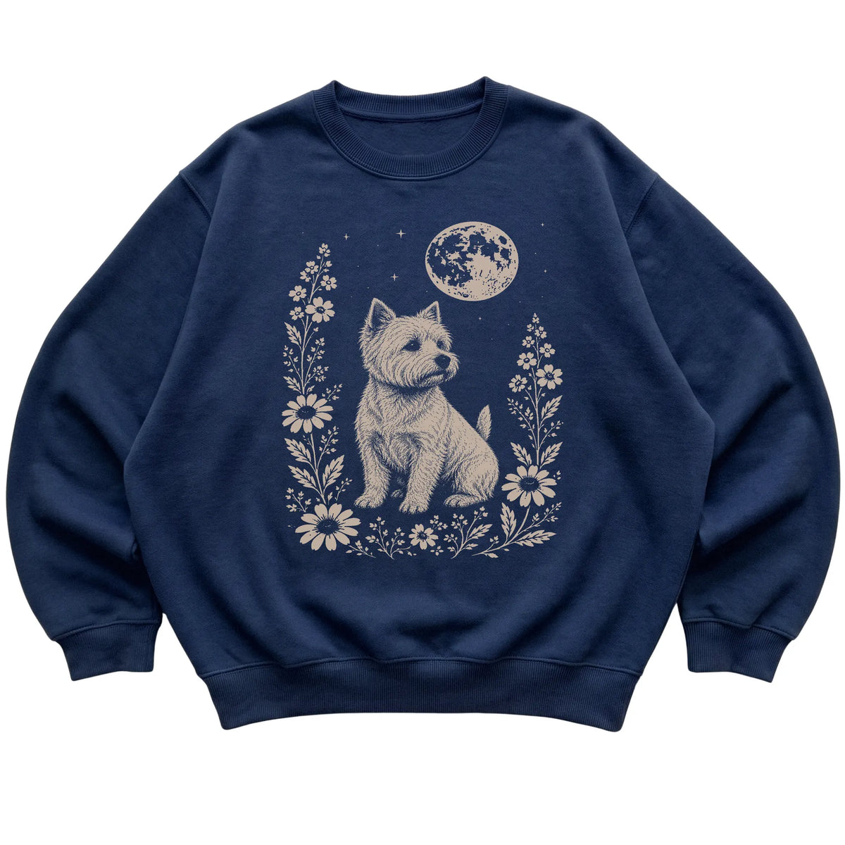 Navy Moon Flowers Westie sweatshirt, flat view