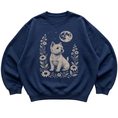 Navy Moon Flowers Westie sweatshirt, flat view