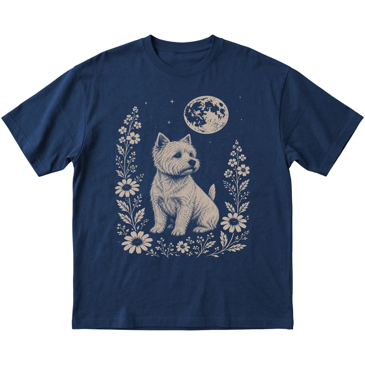 Navy Moon Flowers Westie T-shirt, flat view