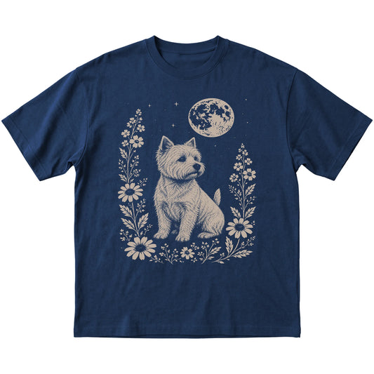 Navy Moon Flowers Westie T-shirt, flat view