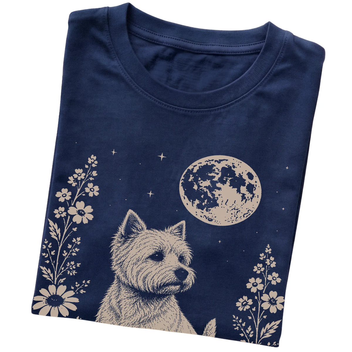 Navy Moon Flowers Westie T-shirt, folded view
