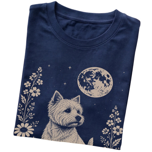 Navy Moon Flowers Westie T-shirt, folded view