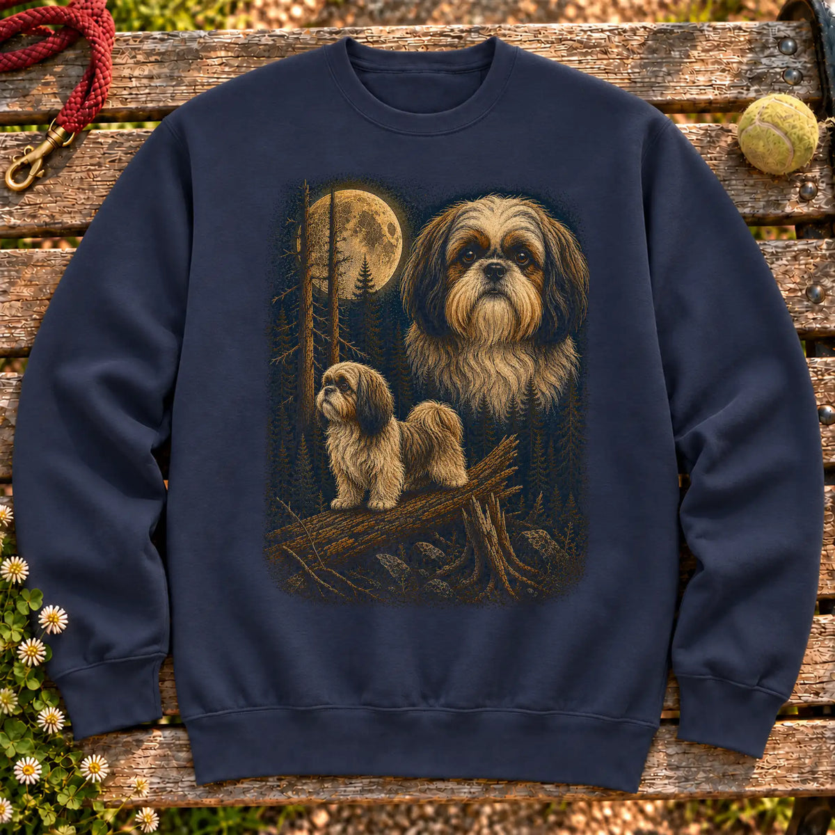 Shih Tzu Wildwood Moon design on a Navy crewneck sweatshirt shown flat