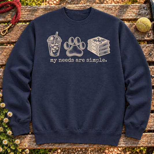 My Needs Are Simple coffee, dogs, and dragon books design on a Navy Gildan sweatshirt