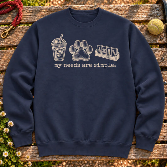 My Needs Are Simple coffee, dogs, and mahjong design on a Navy Gildan sweatshirt