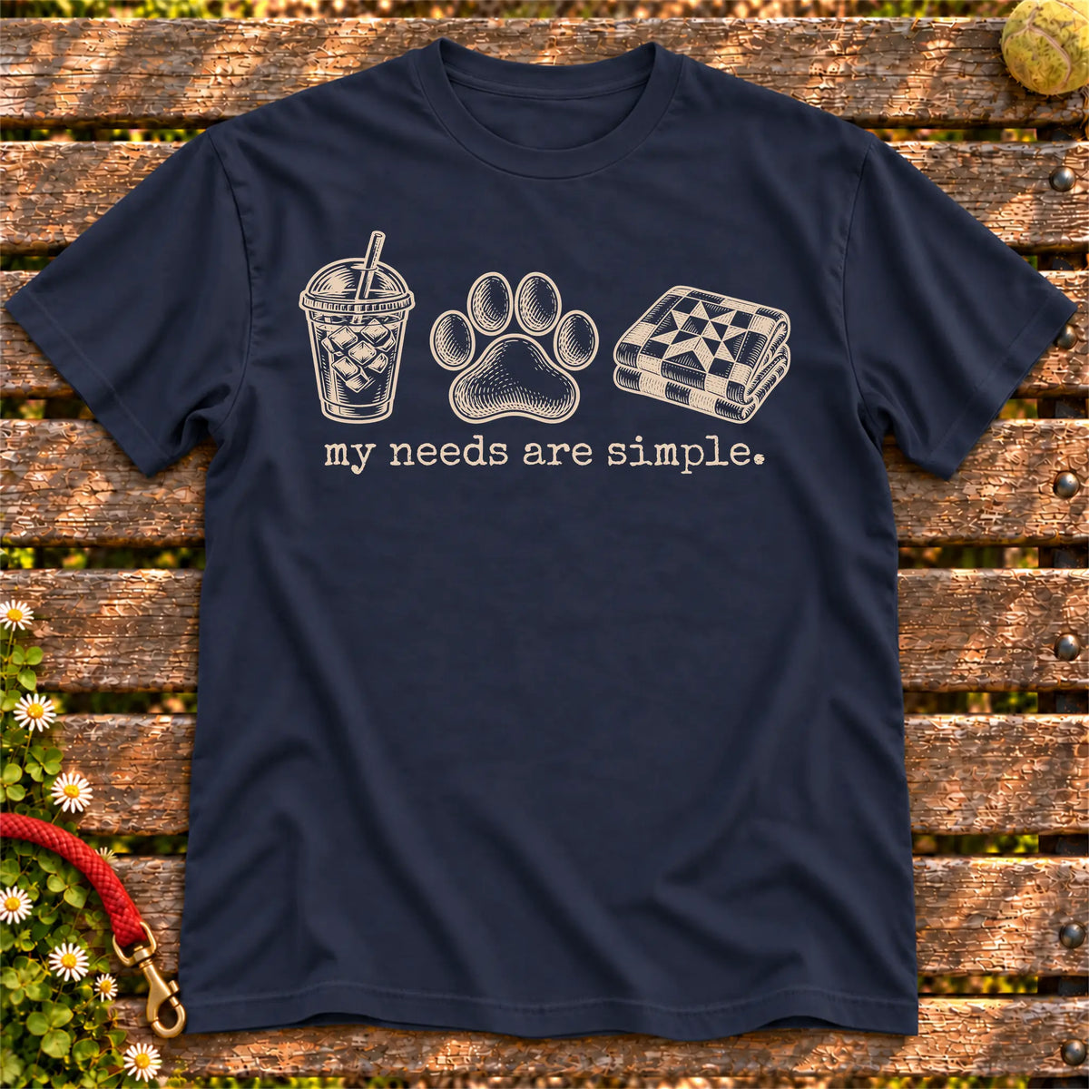 My Needs Are Simple coffee, dogs, and quilting design on a Navy Gildan T-shirt