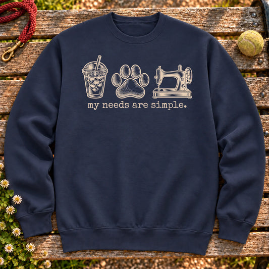 My Needs Are Simple coffee, dogs, and sewing design on a Navy Gildan sweatshirt
