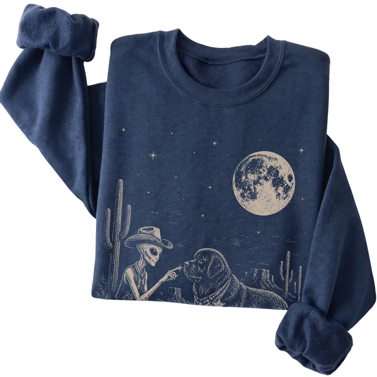 Navy crewneck sweatshirt featuring Newfie Cowboy and Alien, folded presentation