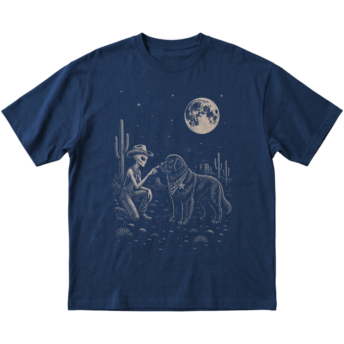 Navy T-shirt featuring Newfie Cowboy and Alien, laid-flat presentation