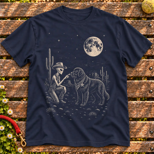 Newfie Cowboy and Alien on a Navy T-shirt, shown flat