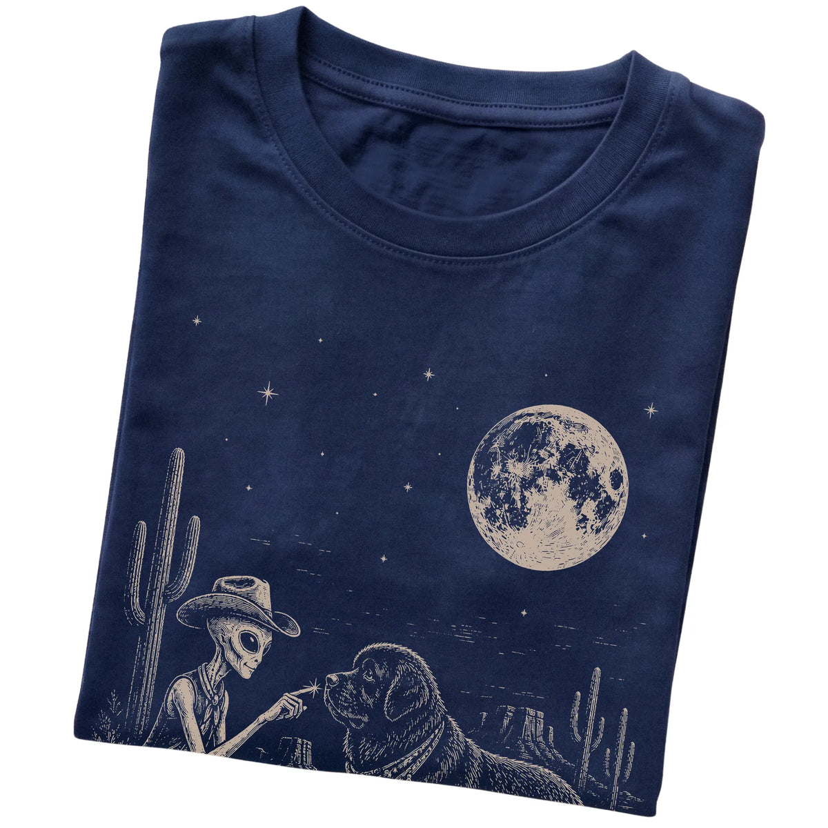 Navy T-shirt featuring Newfie Cowboy and Alien, folded presentation