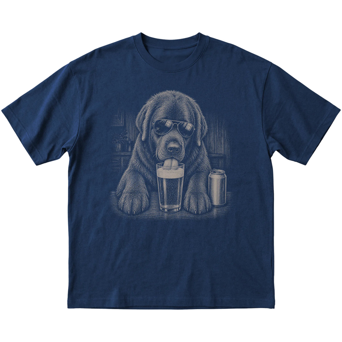Navy Newfie drinking from a pint at a bar, laid flat