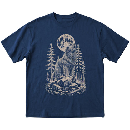 Close view of Newfie Howling at the Moon artwork on Navy softstyle T-shirt