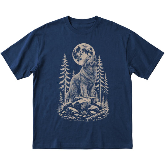 Close view of Newfie Howling at the Moon artwork on Navy softstyle T-shirt